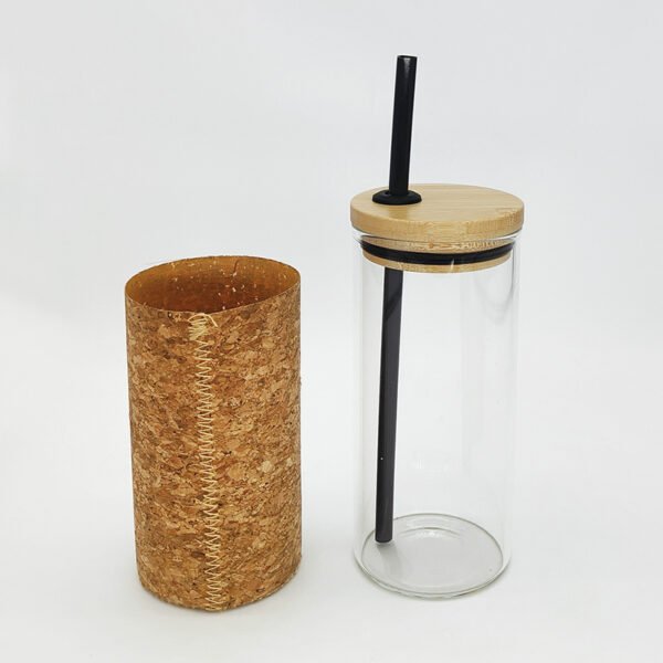 18oz Wide Mouth Glass Drinking Tumbler with Bamboo Lid and Straw and Protective Cork Wrap GLS9146 - Image 4