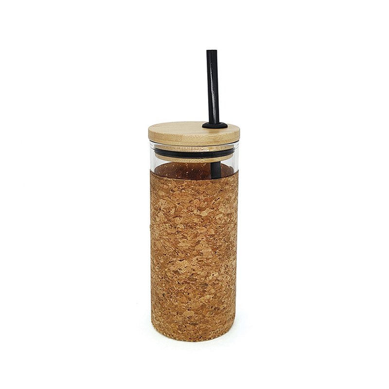 18oz Wide Mouth Glass Drinking Tumbler with Bamboo Lid and Straw and Protective Cork Wrap