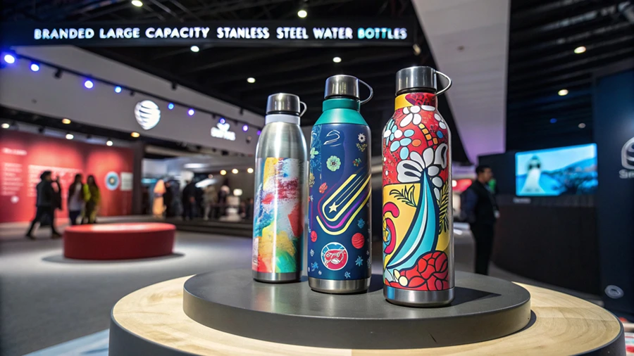 Custom printed stainless steel water bottles at trade show