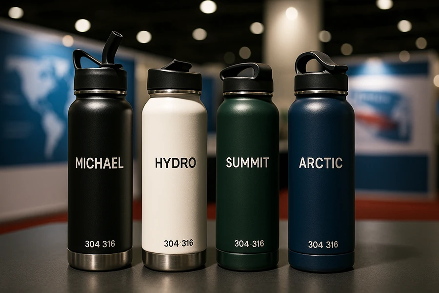 Custom stainless steel water bottles with printed names.